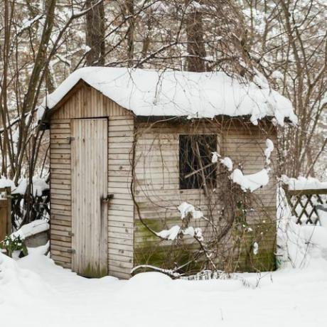 gartenschuppen mit schnee im winter, chata ze śniegiem w ogrodzie zimą