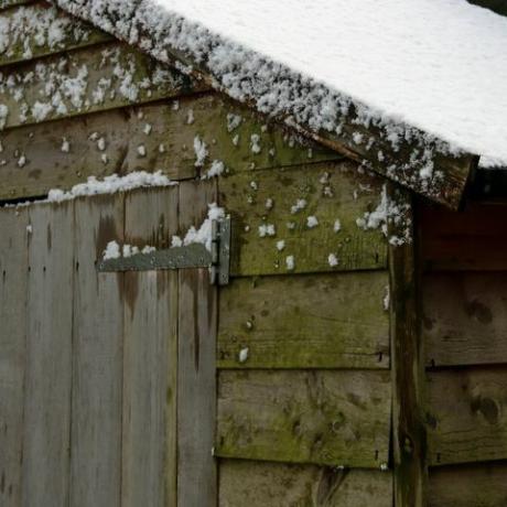 śnieg na dachu starej drewnianej szopy ogrodowej