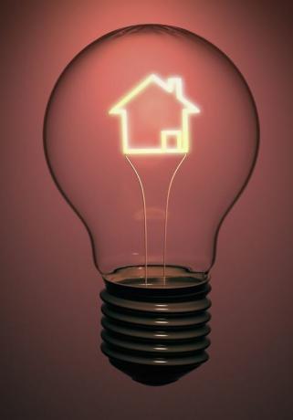 Pojedyncza żarówka domowa zawiera świecące włókno w kształcie domu, wskazujące problemy z energią, elektrycznością i zielenią