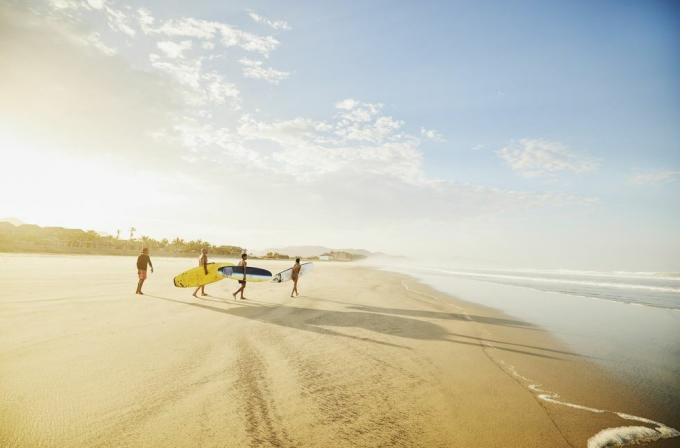 ekstremalnie szerokie ujęcie rodziny niosącej deski surfingowe na tropikalnej plaży podczas lekcji surfingu podczas wakacji