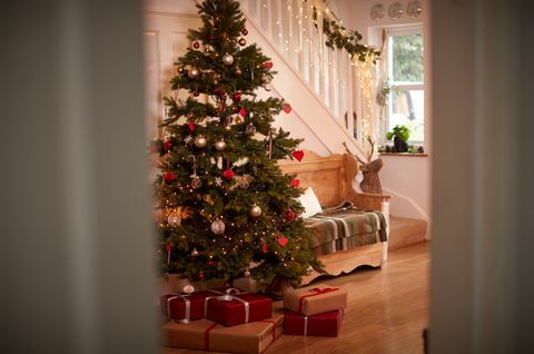 Przedpokój domu urządzony na Boże Narodzenie z drzewa i prezenty oglądane przez otwarte drzwi