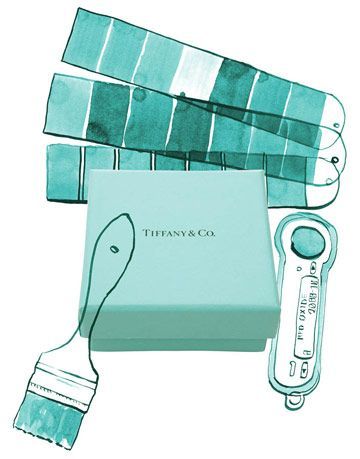 ilustracja próbki niebieskiej farby i pudełko z biżuterią Tiffany and co