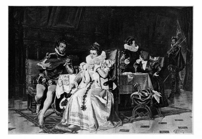 prawa autorskie do tej grafiki z moich własnych archiwów, odtworzone cyfrowo, wygasły. Maryja Królowa Szkotów, Maria Stuart lub Maria I Szkocji 8 grudnia 1542 – 8 lutego 1587. david riccio rizzio, sekretarz Mary Stuart, królowej Szkotów, pomógł zaaranżować jej małżeństwo z Henrym Stewartem, Lord Darnley był muzykiem