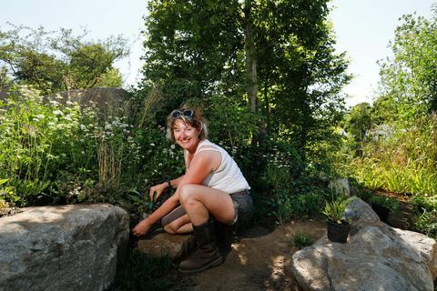 Ann-Marie Powell, projektantka ogrodu, pracuje w swoim „Countryfile 30th Anniversary Garden” podczas przygotowań do RHS Hampton Court Palace Flower Show 2018 - 29 czerwca 2018 r.