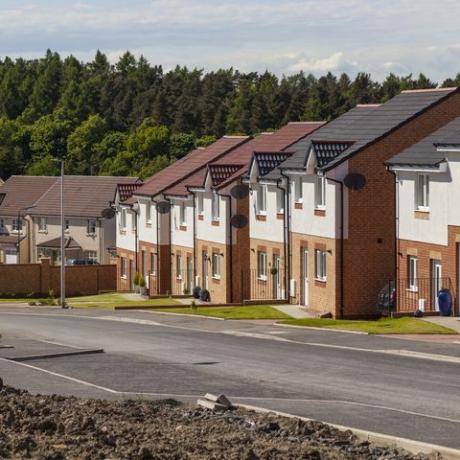 rząd nowo wykończonych domów na nowym osiedlu w środkowej Szkocji