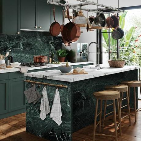 nowoczesna kuchnia, kuchnia z marmuru verde tinos, cena od 600 £ za m2, cullifords