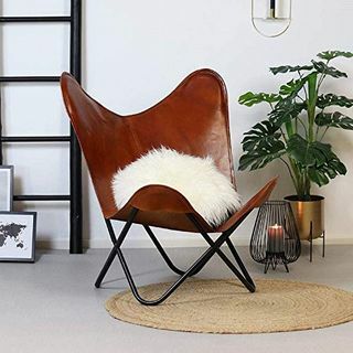 Brązowe skórzane krzesło motylkowe w stylu vintage