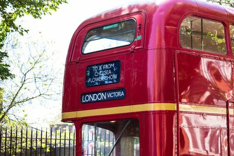 Red London Bus zabierający ludzi na Chelsea Flower Show w Londynie